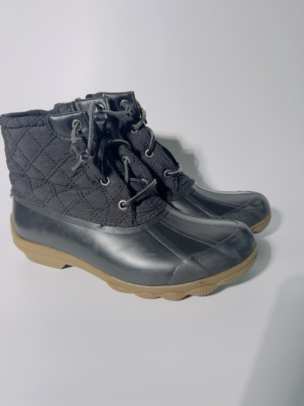 Womens 7 M Sperry Saltwater Quilted Duck Boots Black Waterproof Lace-Up Side Zip - Picture 2 of 15